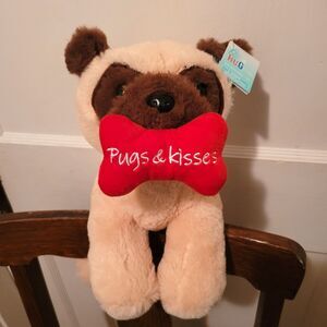 NWT New Plush Tan Pug Puppy Dog With Brown Ears “Pugs & Kisses” Bone In Mouth